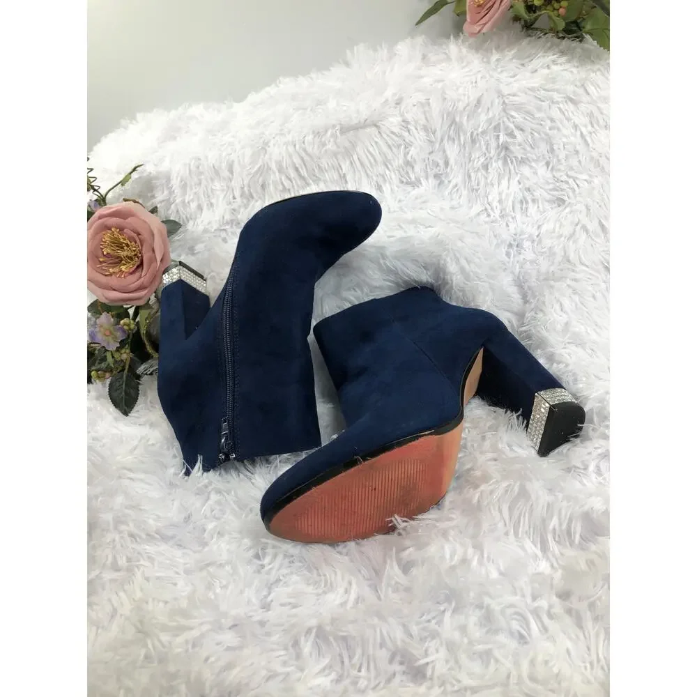 XOXO Yardley‎ Dress Boots Navy Faux Suede Rhinestone Heels Size 9M Zipper Side